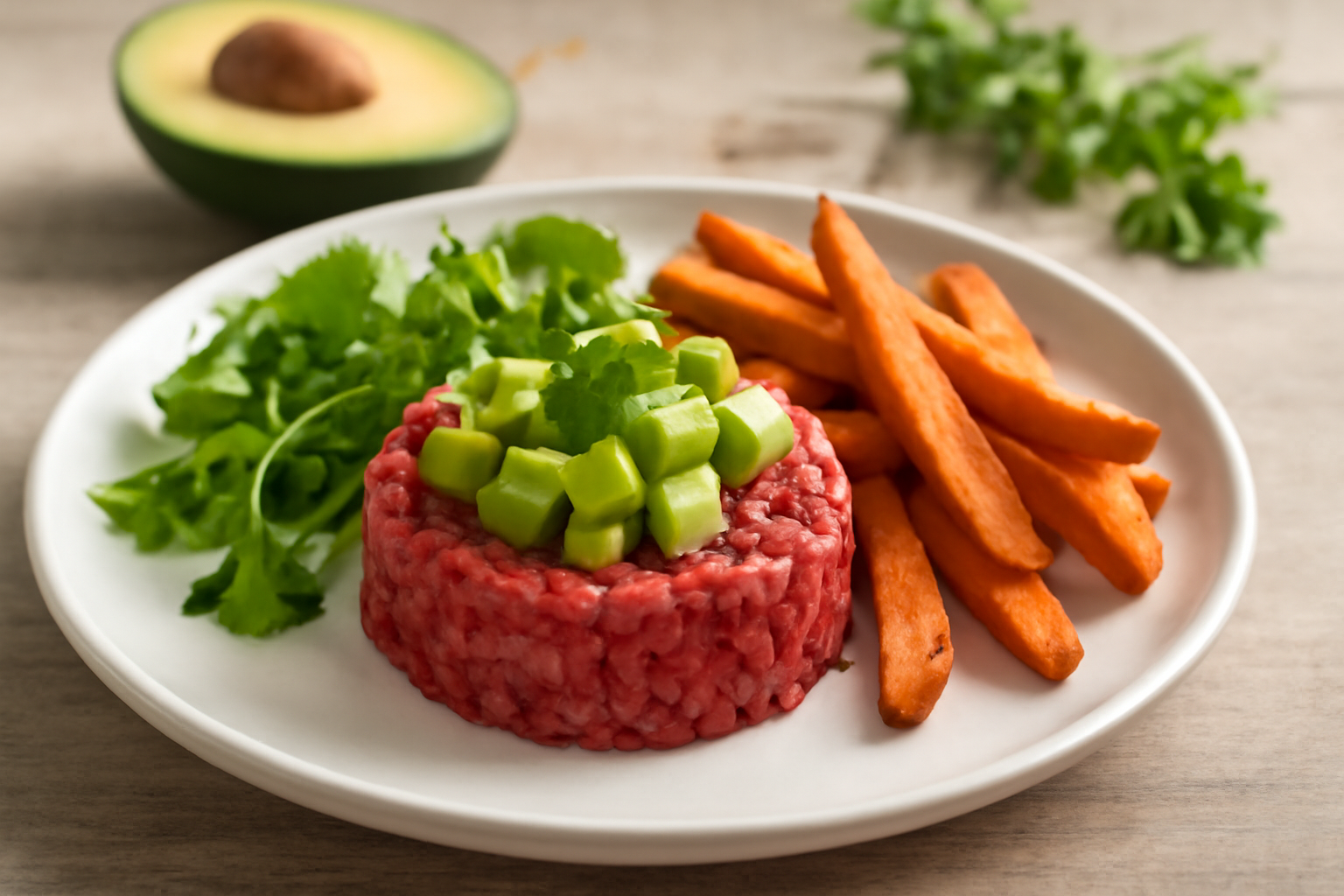 Tartare de Boeuf aux Avocats et Frites de Patate Douce