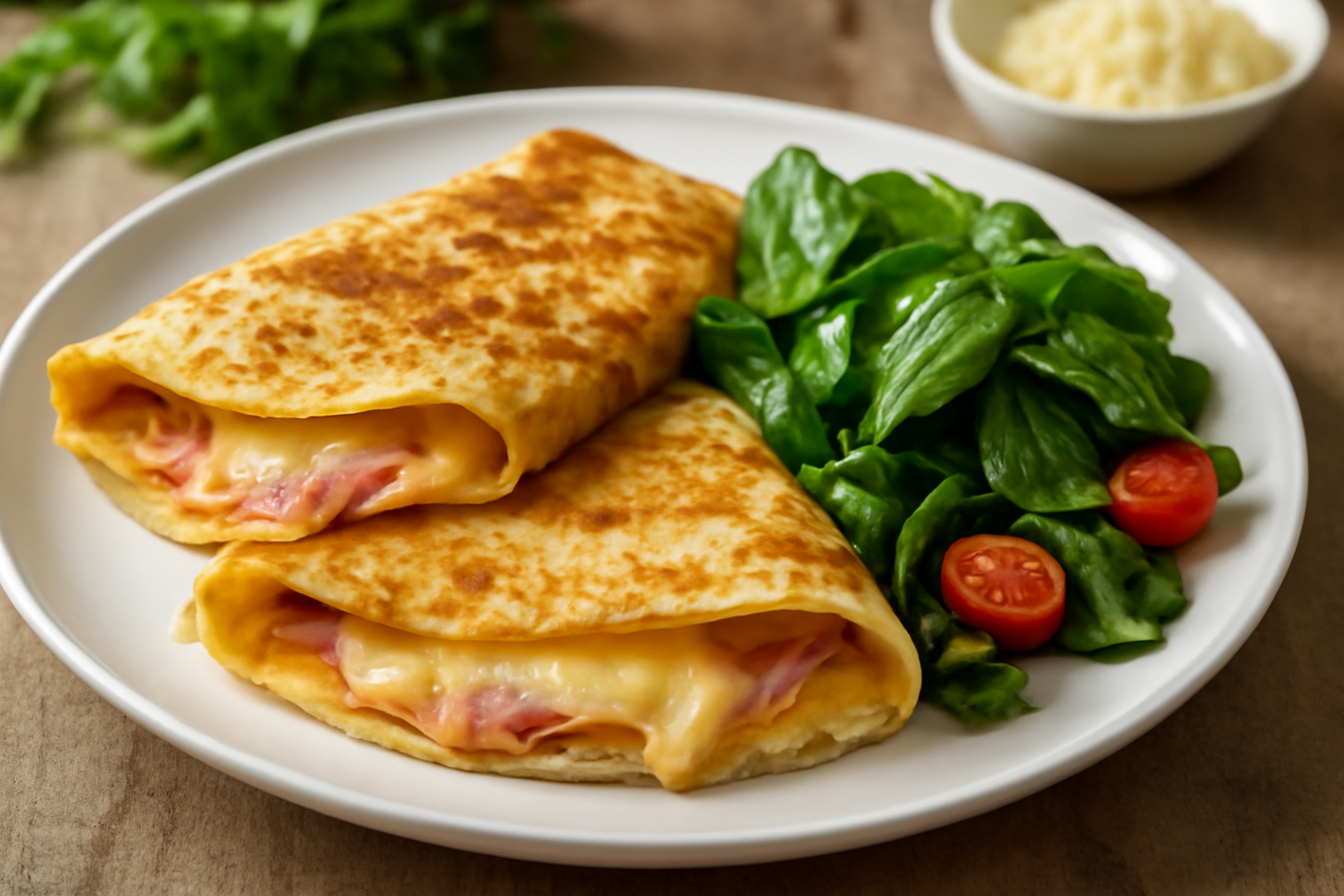 Crêpes Savoureuses au Fromage et Jambon avec Salade d'Épinards