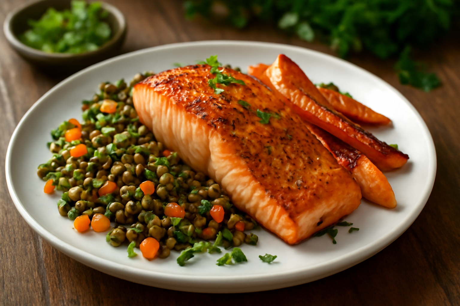 Saumon Rôti avec Salsa de Lentilles Vertes et Carottes Rôties au Miel