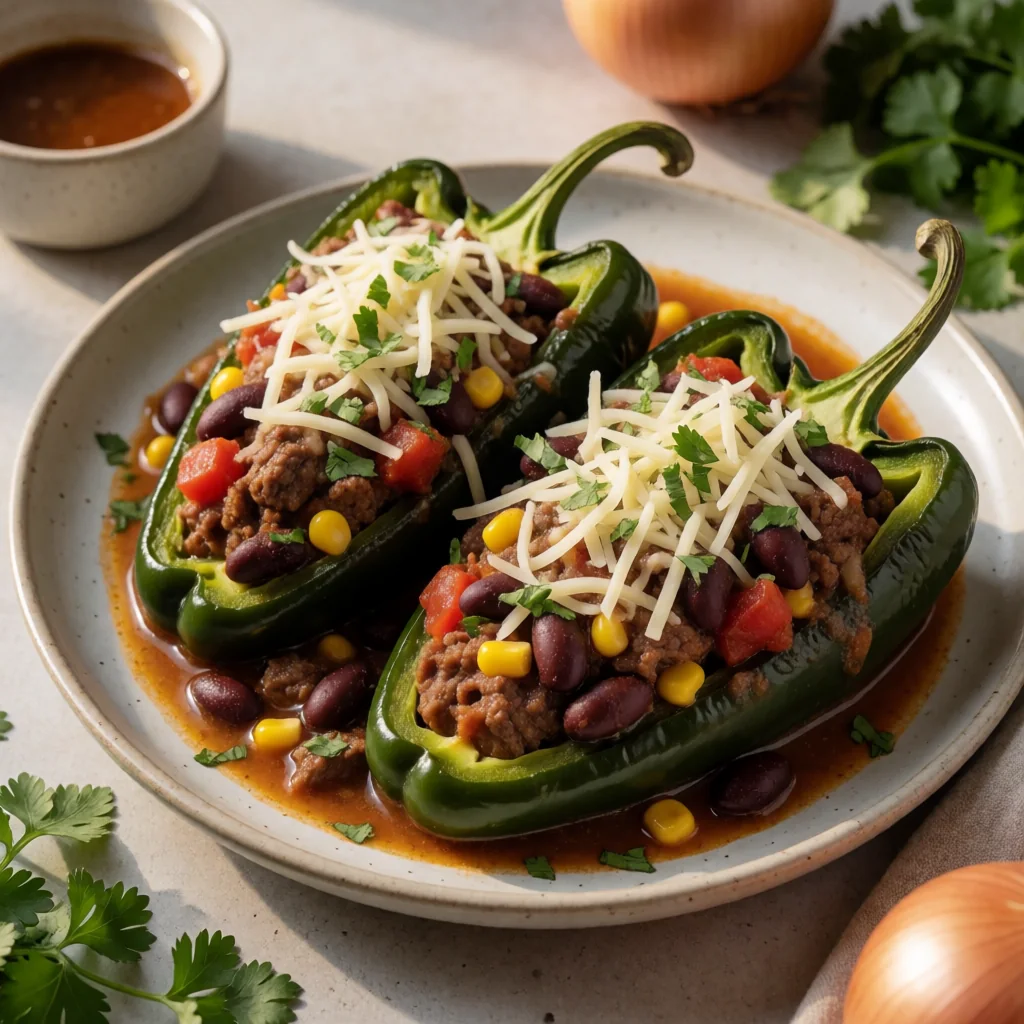Stuffed Poblano Peppers with Steak & Kidney Beans finished dish