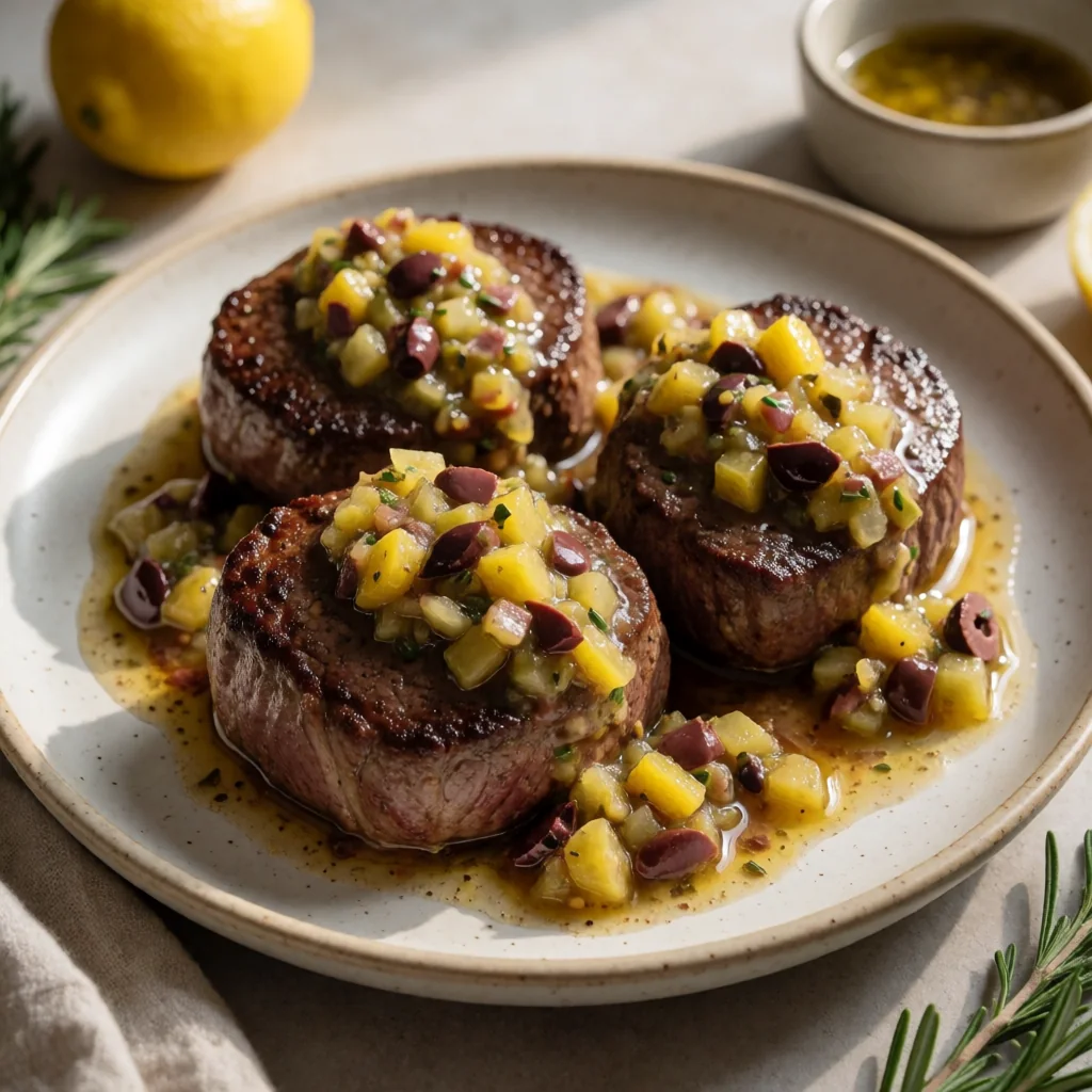 Moroccan-Spiced Filet Mignon with Preserved Lemon-Olive Relish finished dish