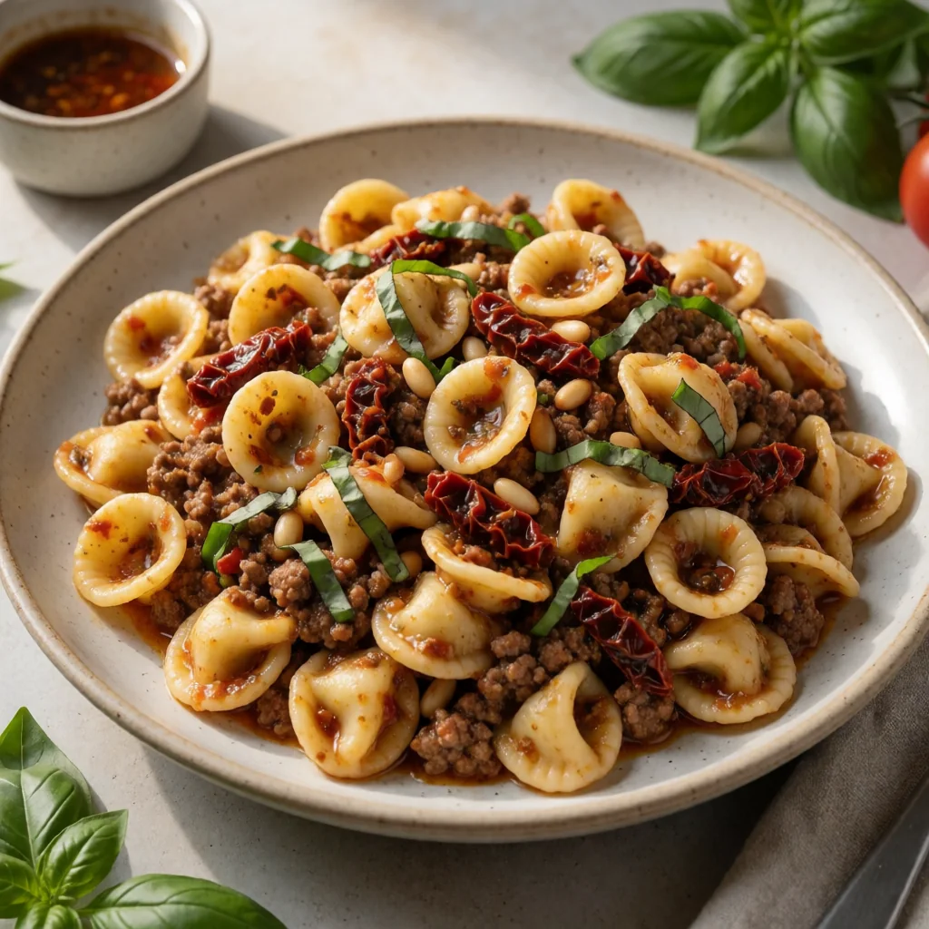 Orecchiette al Pesto Rosso con Manzo Macinato finished dish