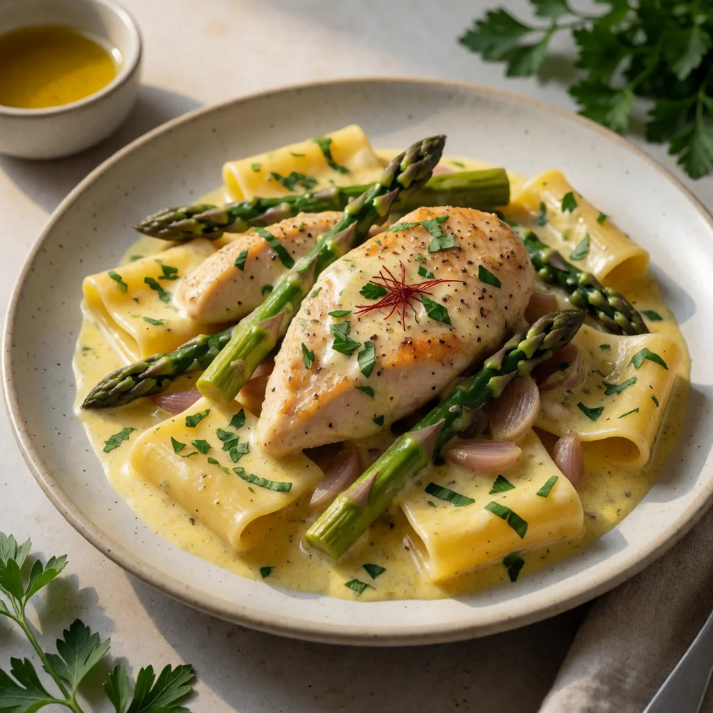 Chicken and Asparagus with Saffron Cream Sauce Paccheri finished dish
