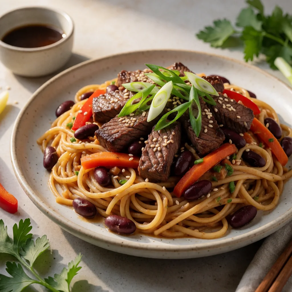 Spicy Peanut Noodles with Seared Steak & Kidney Beans finished dish