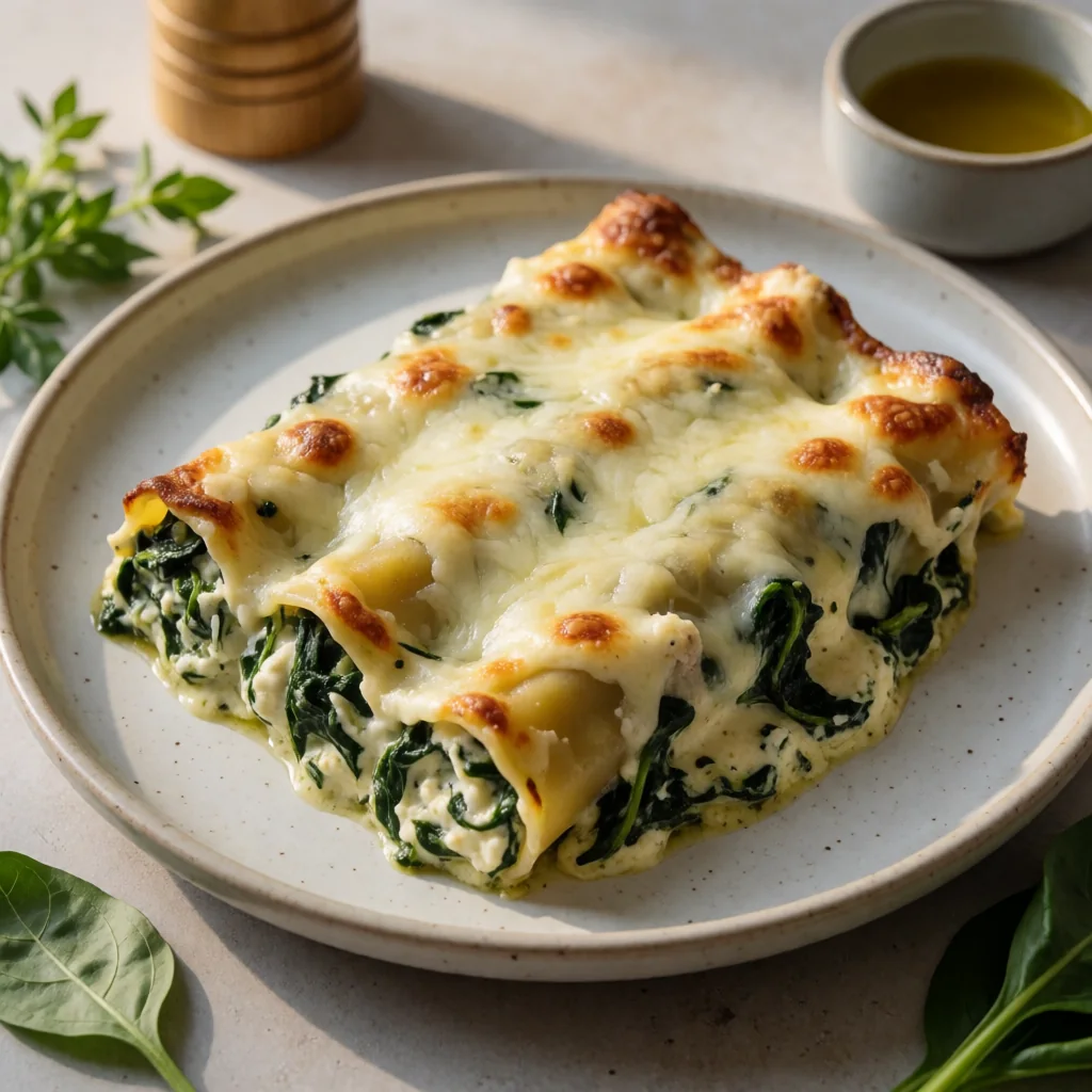 Cannelloni al Forno con Manzo, Spinaci e Besciamella (Baked Cannelloni with Beef, Spinach, and Béchamel) finished dish