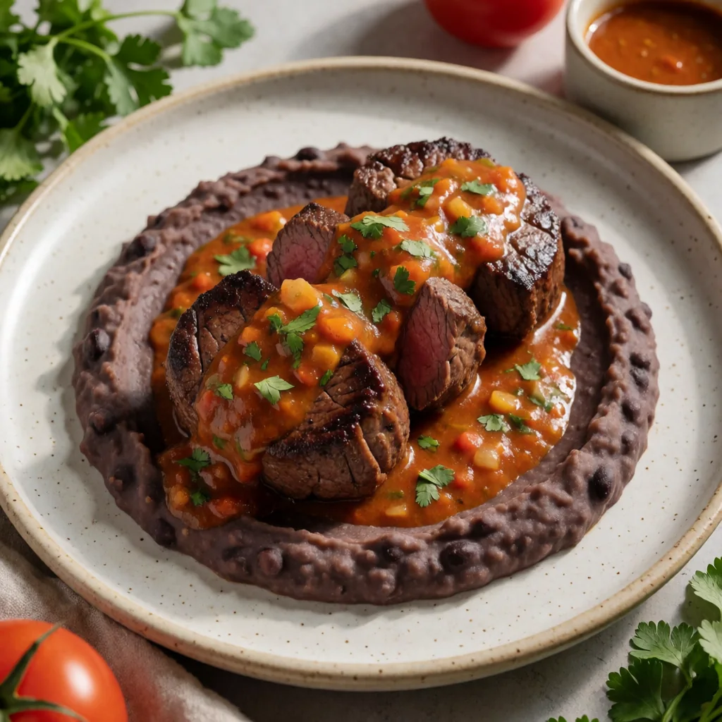 Filet Mignon con Salsa Borracha y Puré de Frijol Negro finished dish