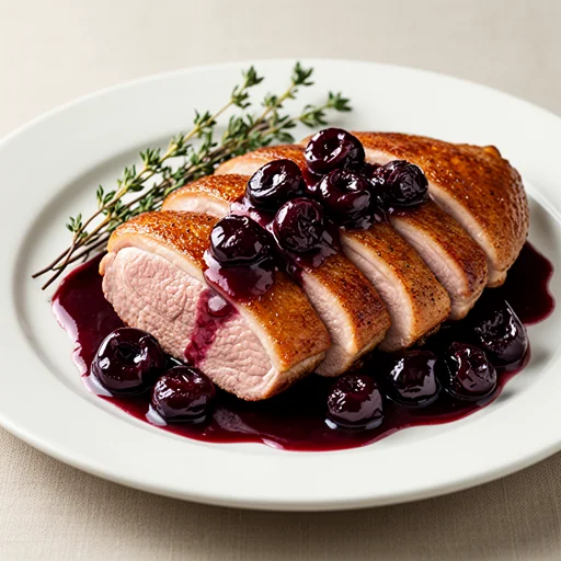 Pan-Seared Duck Breasts with Sour Cherry-Port Sauce finished dish