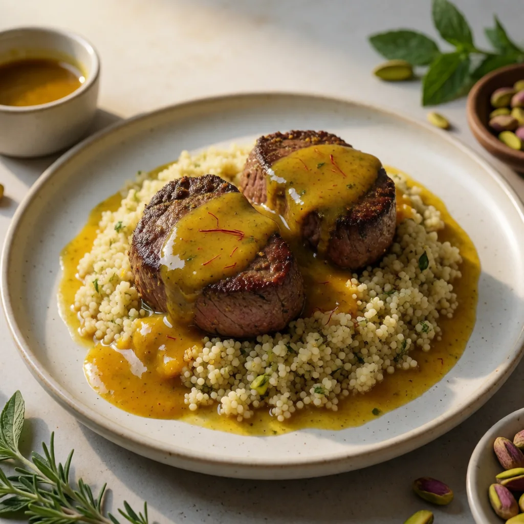 Ras el Hanout Crusted Filet Mignon with Saffron-Orange Glaze and Pistachio-Mint Couscous finished dish