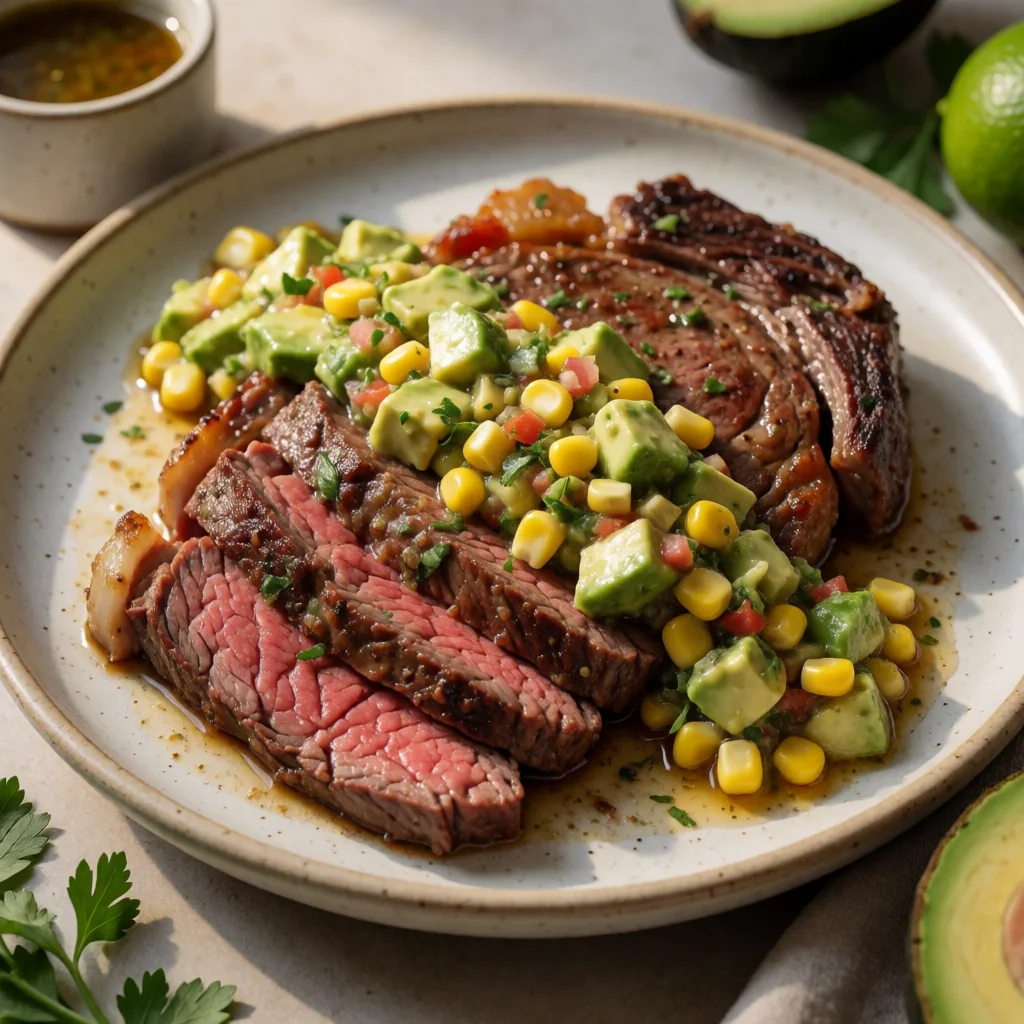 Chipotle-Lime Marinated Ribeye with Avocado-Corn Salsa finished dish