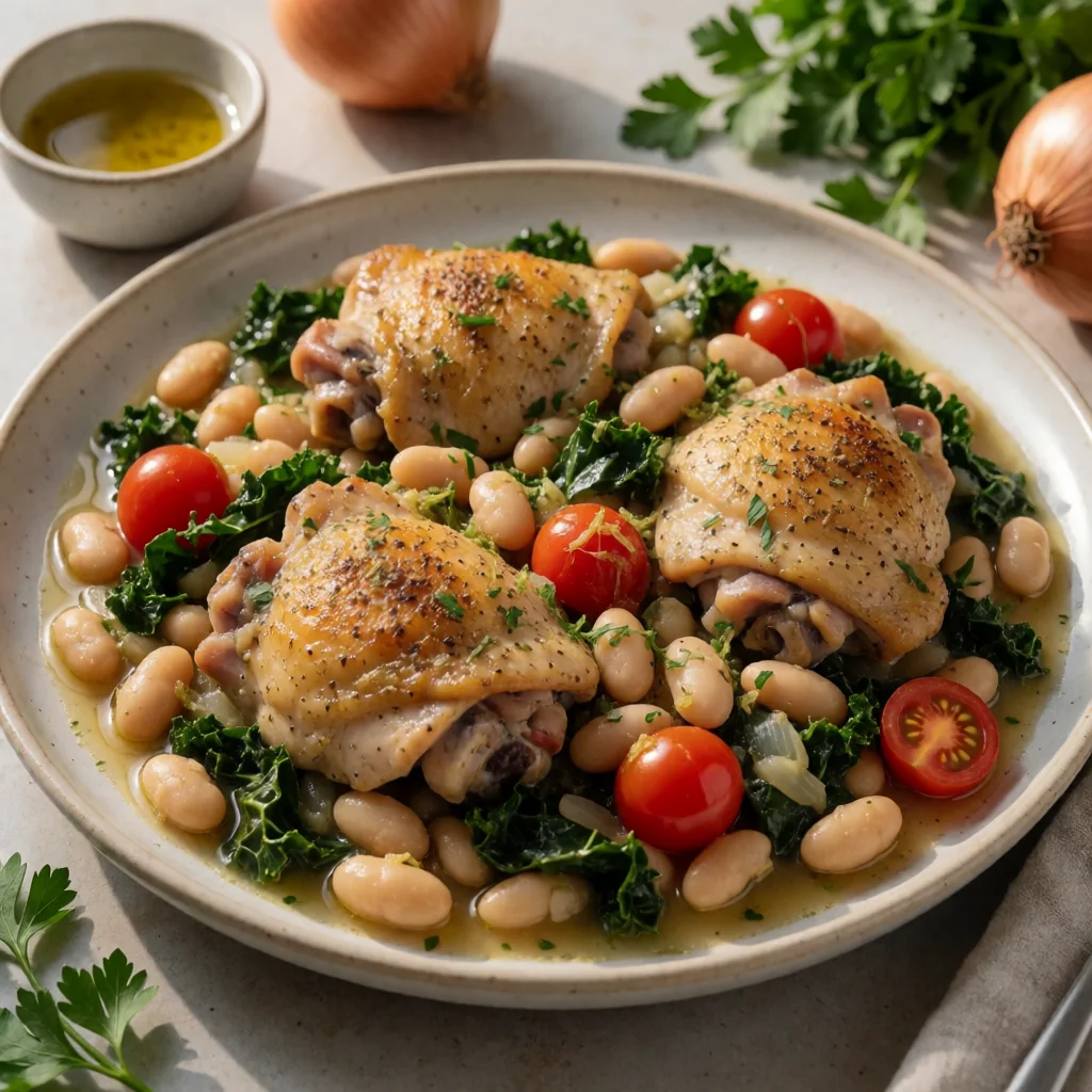One-Pan Greek Chicken with Braised White Beans & Kale finished dish