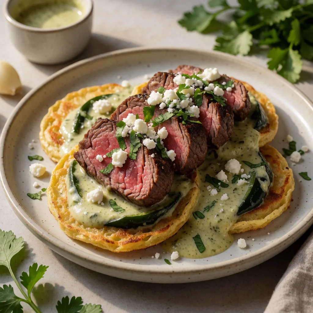 Filet Mignon con Salsa Cremosa de Poblano y Sopes de Maíz finished dish