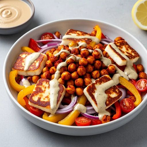 Roasted Harissa Chickpea & Halloumi Bowls with Tahini Dressing finished dish