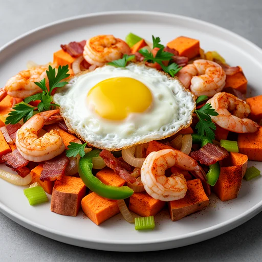 Creole Sweet Potato and Shrimp Hash with Fried Eggs finished dish