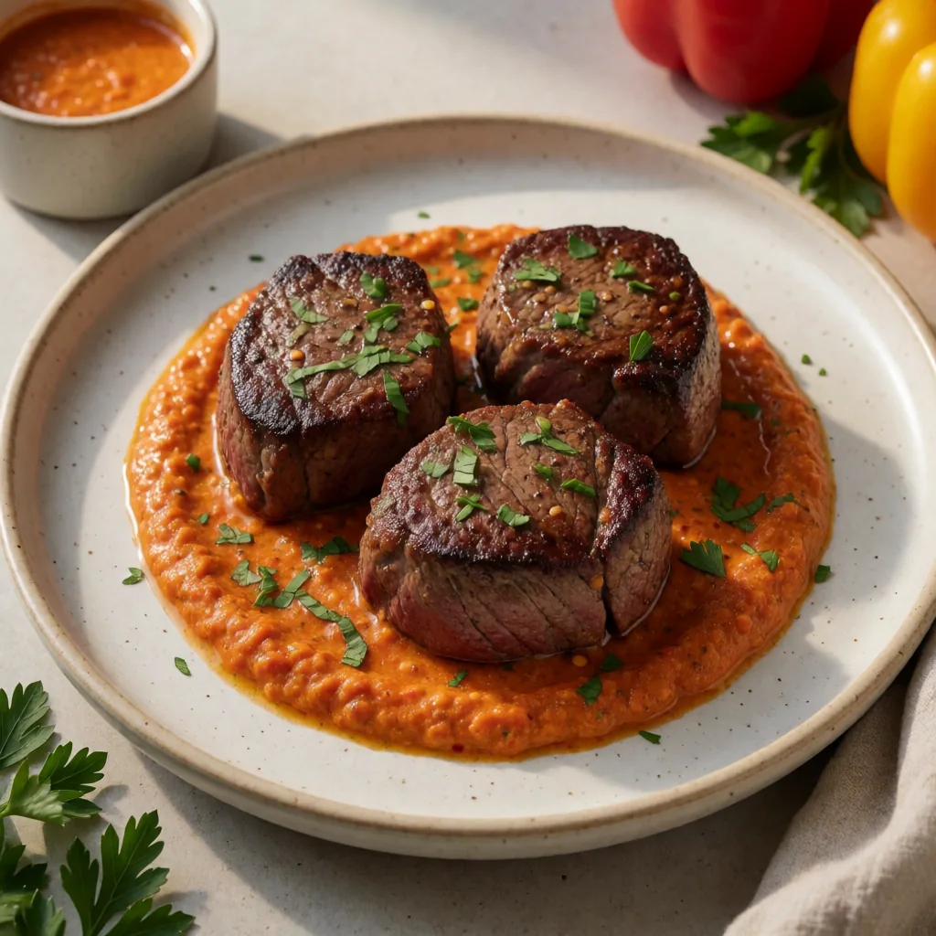 Smoked Filet Mignon with Roasted Red Pepper Romesco Sauce finished dish