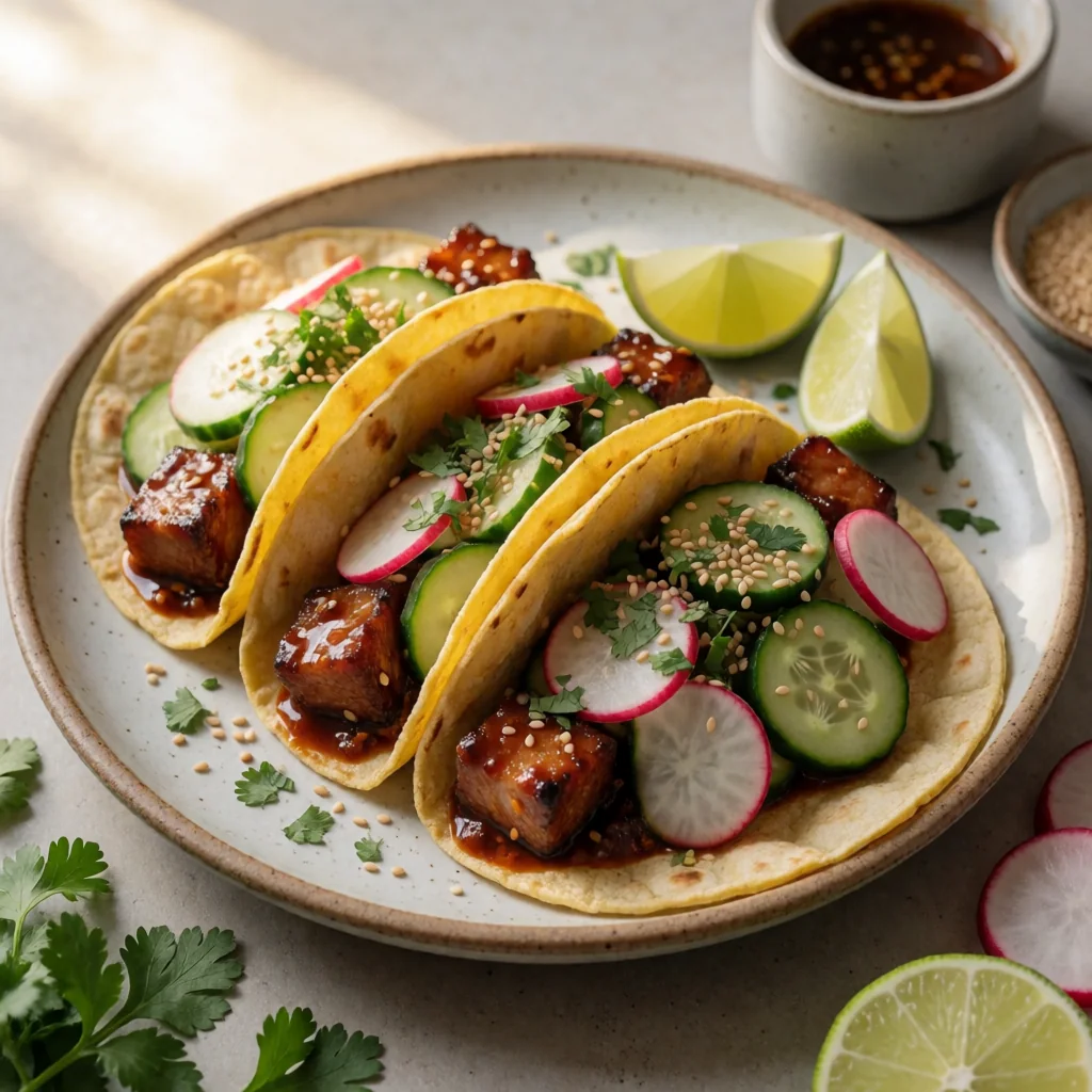 Gochujang Glazed Pork Belly Tacos with Quick Pickled Cucumber & Radish finished dish