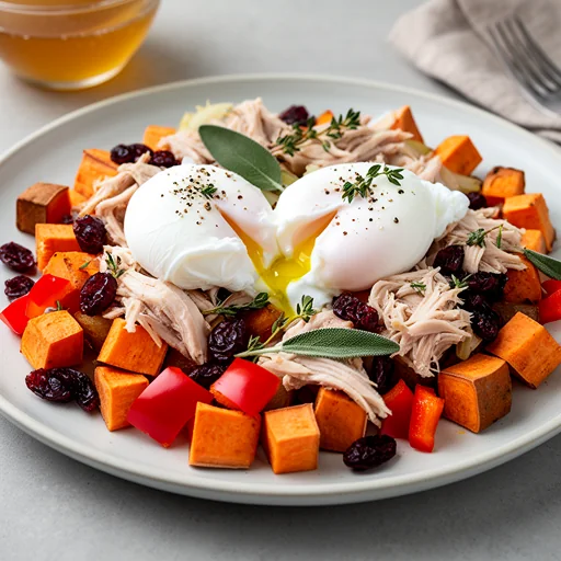 Leftover Turkey & Cranberry Breakfast Hash with Poached Eggs finished dish