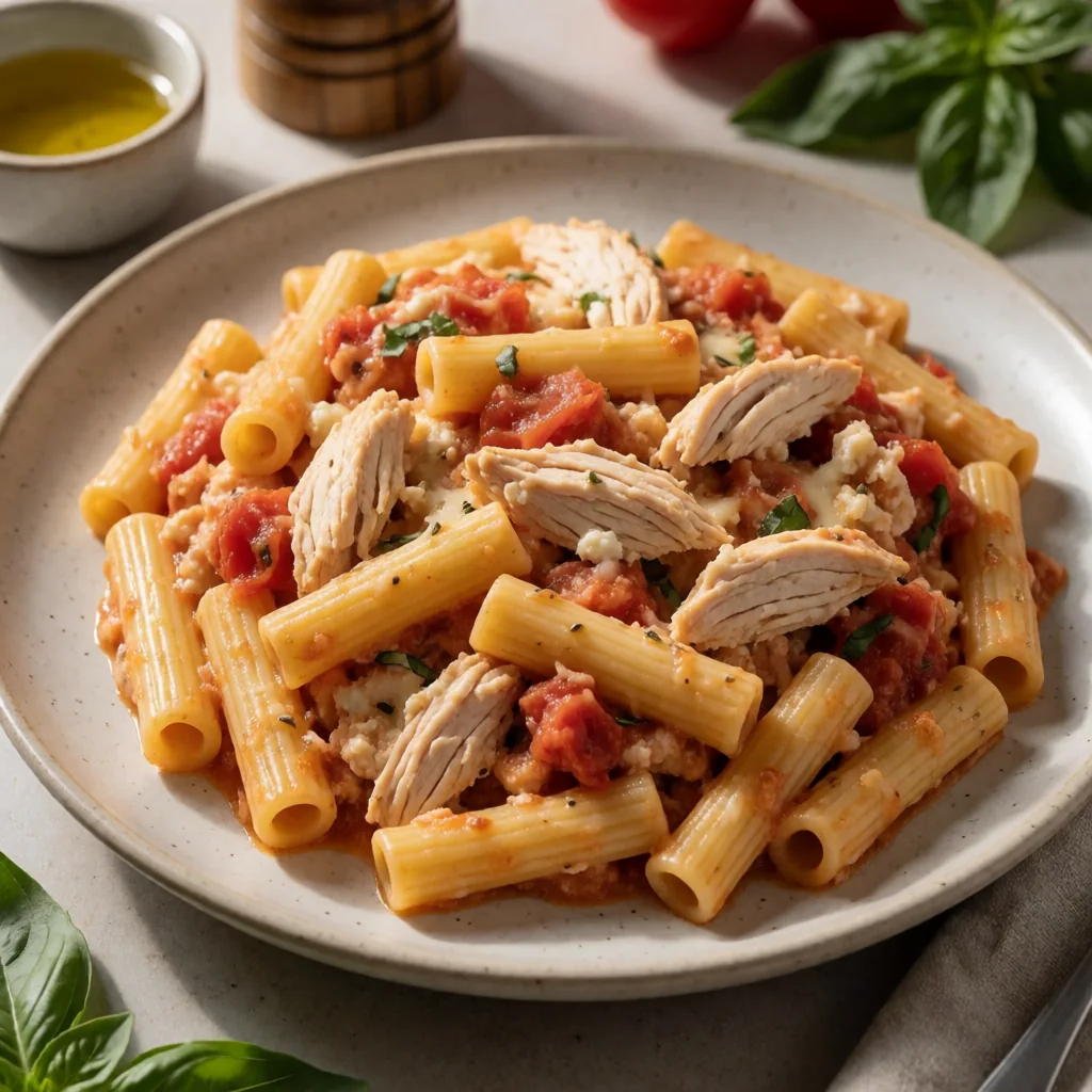 Baked Chicken Ziti with Ricotta and Mozzarella finished dish