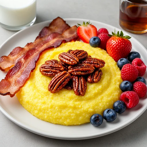 Couche-Couche (Cornmeal Porridge) with Candied Pecans and Berries finished dish