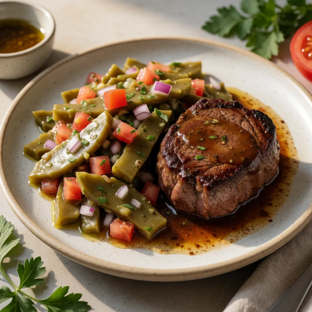 Filet Mignon con Rub de Café y Chile Cascabel, Ensalada de Nopalitos finished dish
