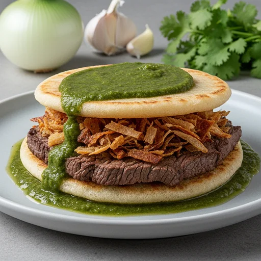 Gorditas de Bistec y Chicharrón Prensado con Salsa Verde finished dish