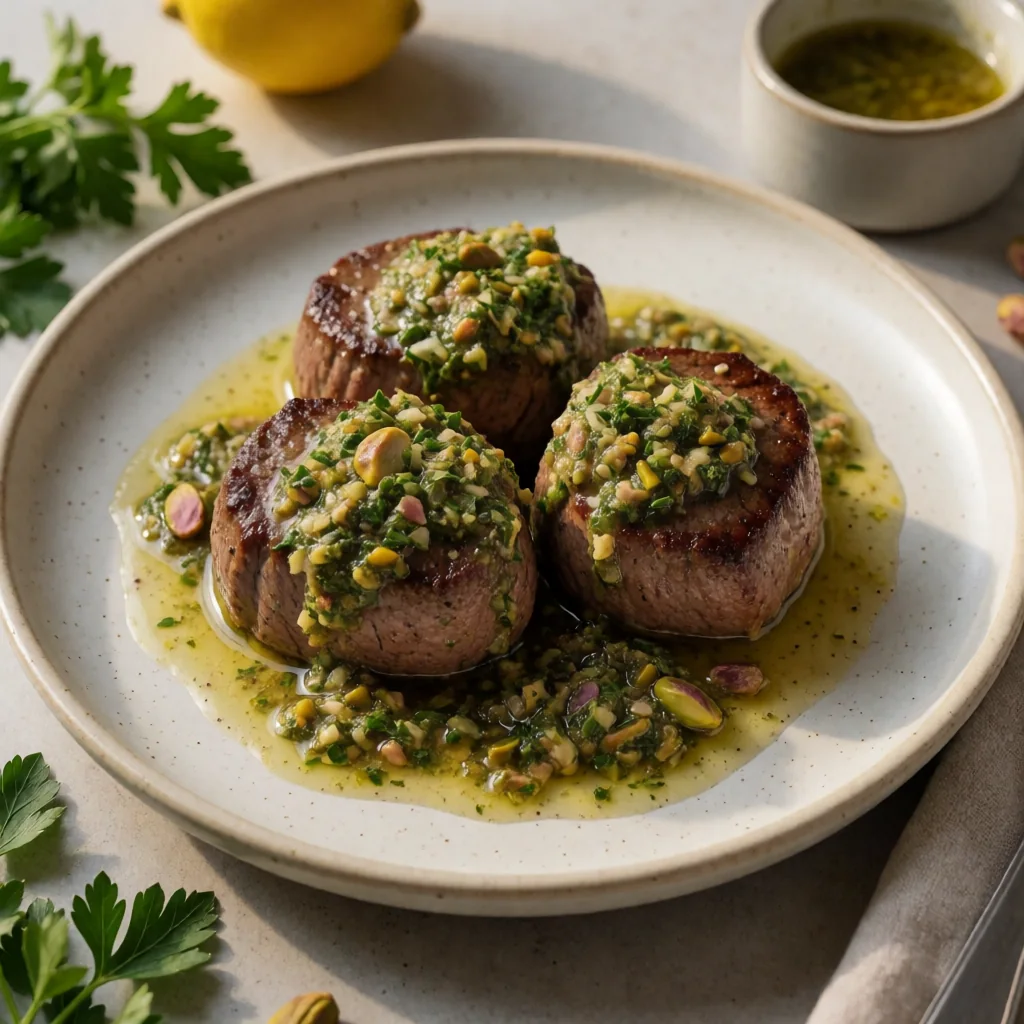 Filetto con Gremolata di Pistacchio e Agrumi finished dish