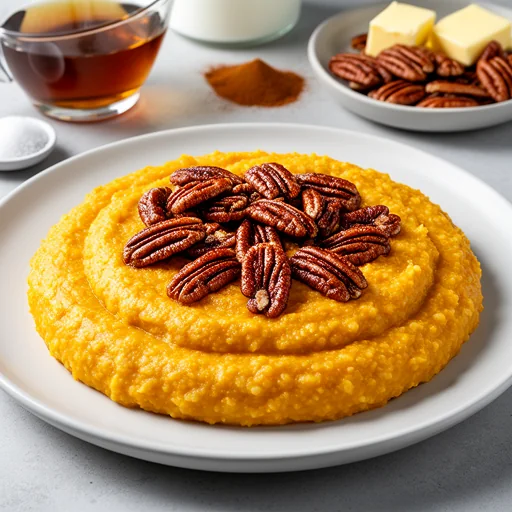 Creamy Spiced Pumpkin Grits with Candied Pecans finished dish