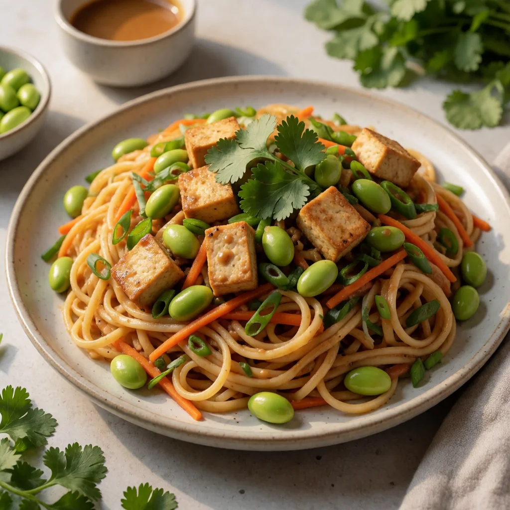 Spicy Peanut Noodles with Edamame and Crispy Tofu finished dish
