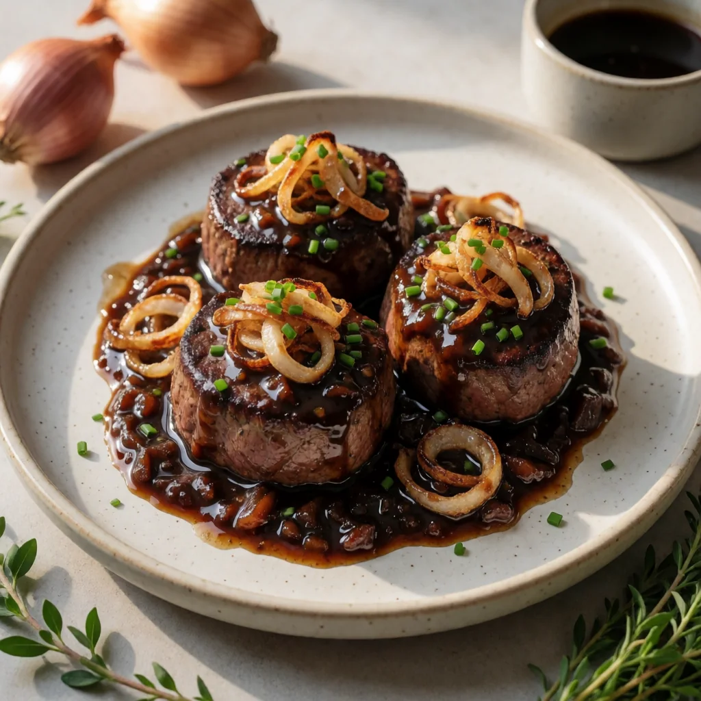 Pan-Seared Filet Mignon with Black Garlic and Miso Glaze, Crispy Shallots finished dish