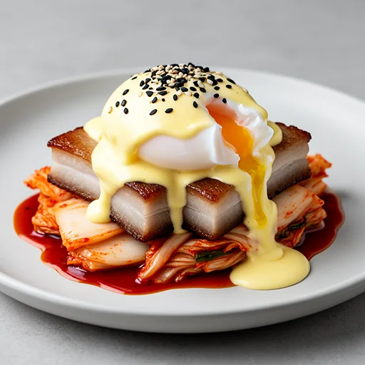 Kimchi & Pork Belly Benedict with Gochujang Hollandaise finished dish