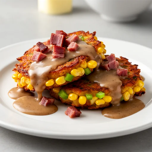Creole Corn Fritters with Spicy Tasso Gravy finished dish