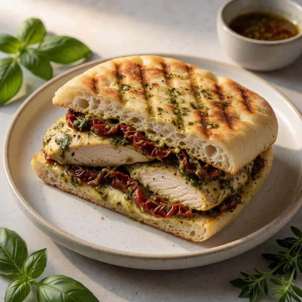 Grilled Chicken Pesto Panini with Sun-Dried Tomato & Basil Spread finished dish