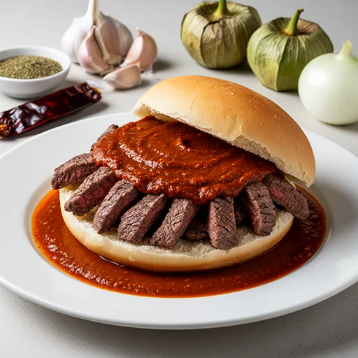 Torta Ahogada de Bistec with Chile de Árbol Salsa finished dish