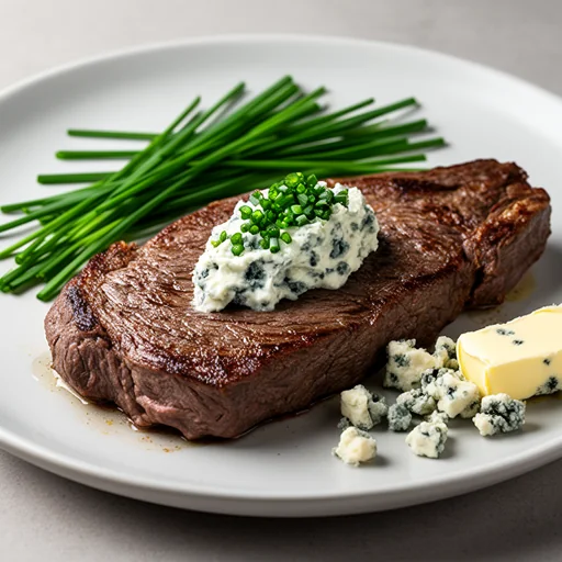 Pan-Seared Hanger Steak with Blue Cheese Chive Butter finished dish