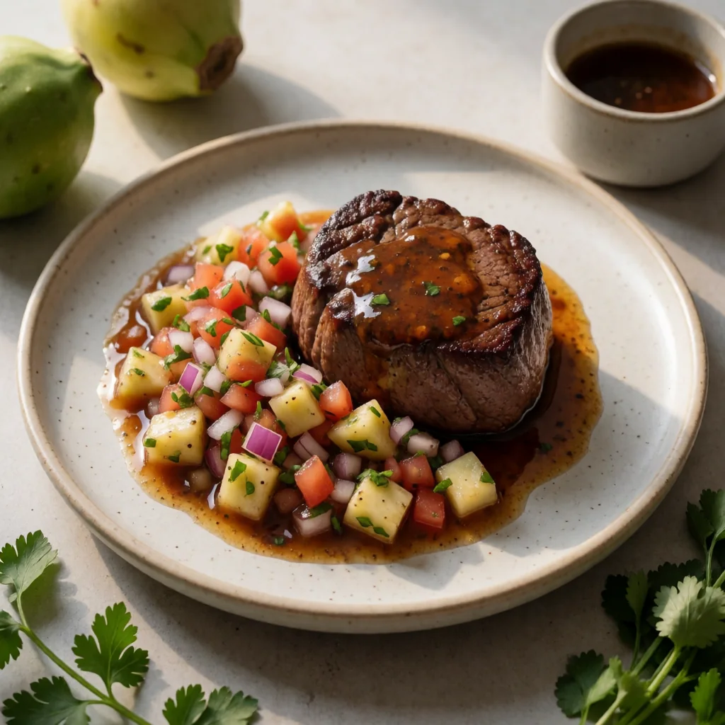 Filet Mignon with Mezcal-Agave Glaze and Cactus Pear Pico de Gallo finished dish