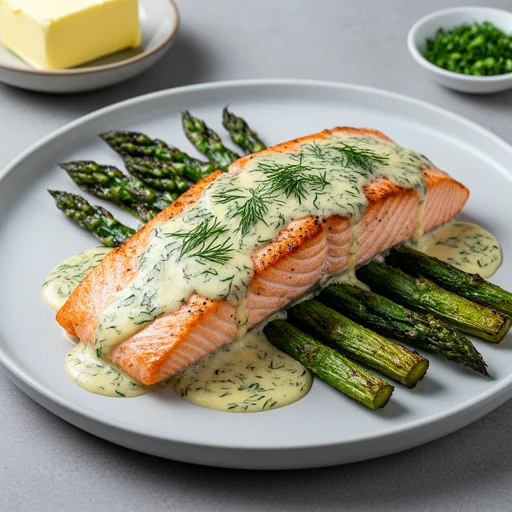 Pan-Seared Salmon with Lemon-Dill Sauce and Roasted Asparagus finished dish