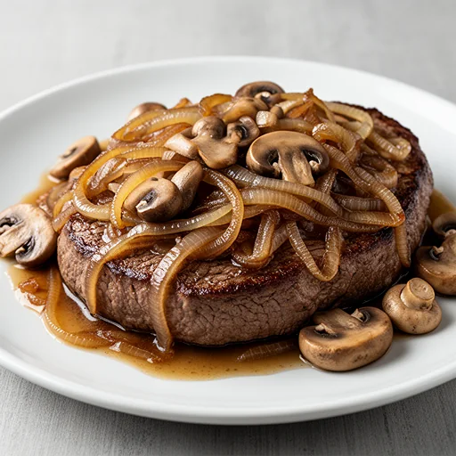 Classic American Smothered Steak with Caramelized Onions and Mushrooms finished dish
