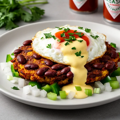 Creole Red Bean Fritters with Fried Eggs and Hot Sauce Hollandaise finished dish