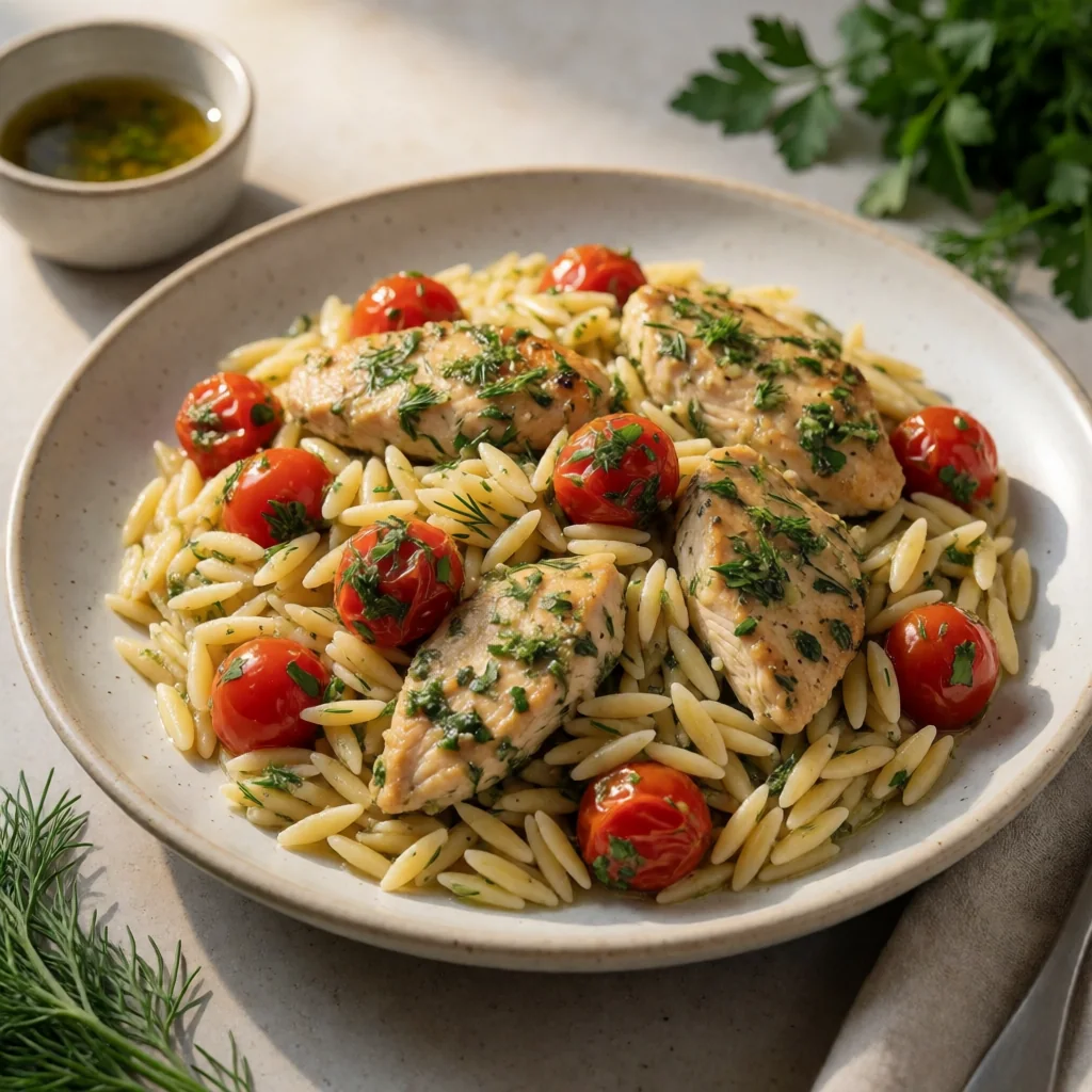 Herbed Chicken Orzo with Cherry Tomatoes & Gremolata finished dish