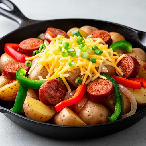 Creole Skillet Potatoes with Smoked Sausage and Pepper-Jack finished dish