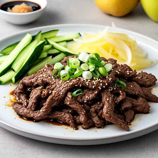 Korean Beef Bulgogi with Quick Pickled Cucumber finished dish