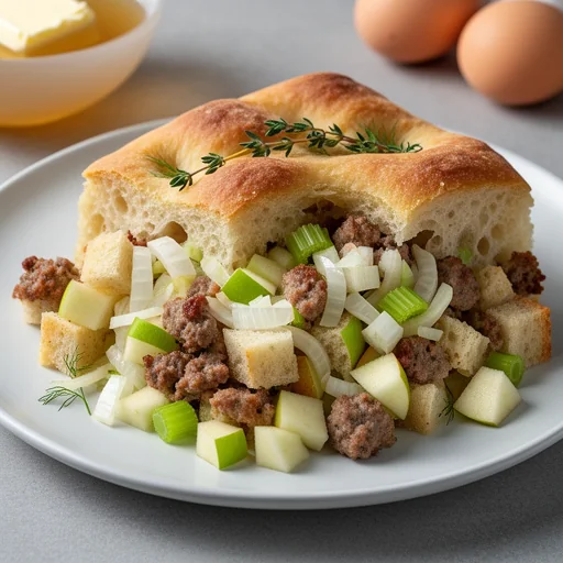 Focaccia and Italian Sausage Stuffing with Fennel and Apple finished dish