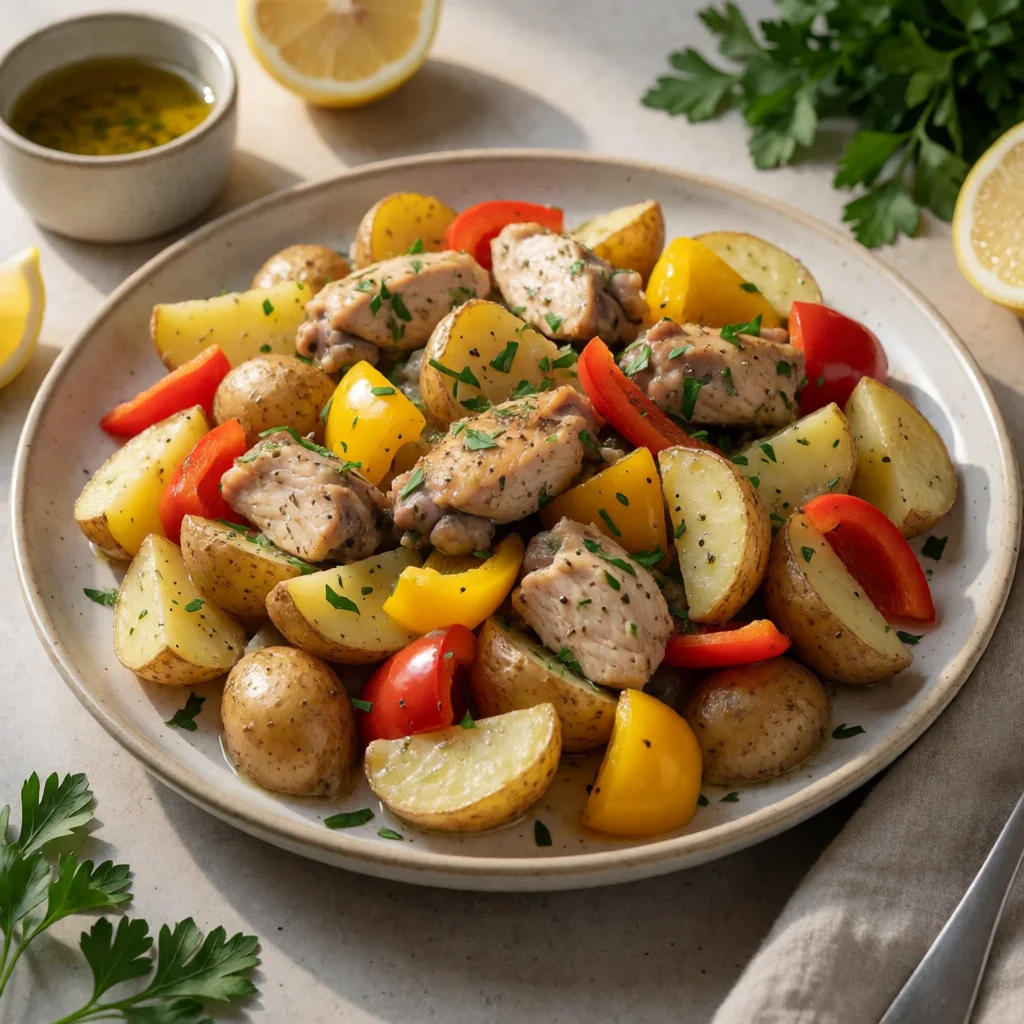 Sheet Pan Greek Chicken & Lemon Potatoes finished dish