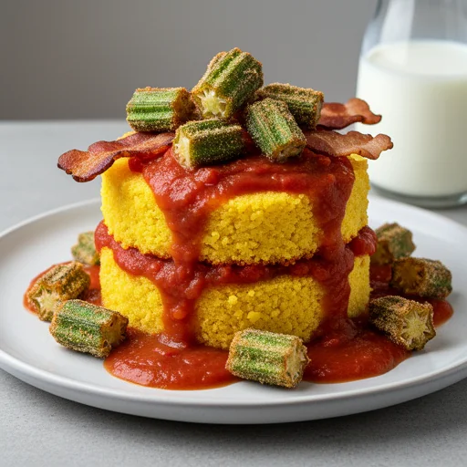 Fried Okra & Cornmeal Cake Stack with Tomato Gravy finished dish