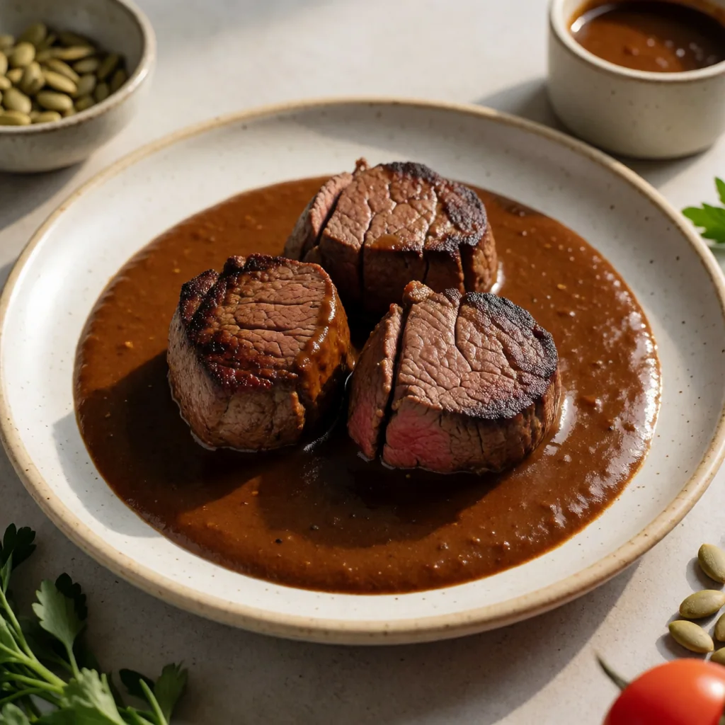Filet Mignon with Oaxacan Mole Sauce and Esquites finished dish