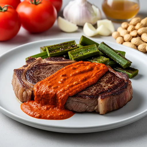 Ribeye con Salsa Roja de Cacahuate y Nopales Asados (Ribeye with Peanut-Red Chile Sauce & Grilled Cactus) finished dish