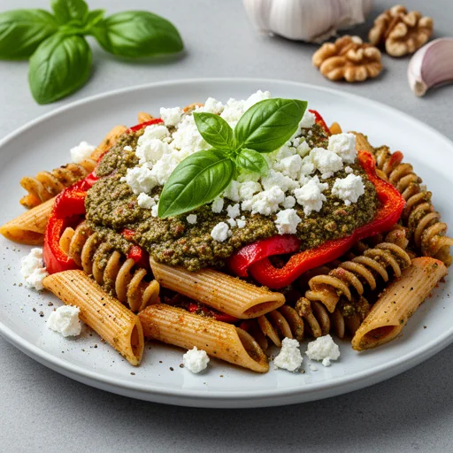 Roasted Red Pepper and Walnut Pesto Pasta with Feta finished dish