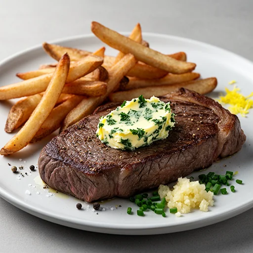 Steak Frites with Garlic-Parsley Butter finished dish
