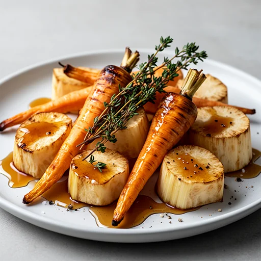 Roasted Parsnips and Celery Root with Maple-Thyme Glaze finished dish