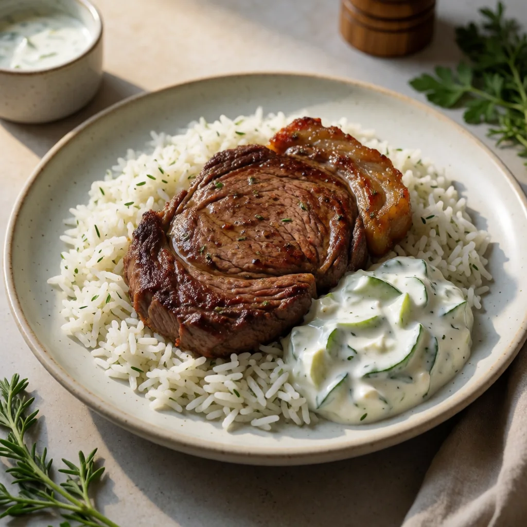 Tandoori Spiced Ribeye with Cucumber Raita and Lemon-Herb Rice finished dish