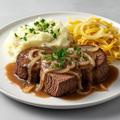Homestyle Braised Round Steak with Onion Gravy finished dish